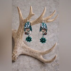 Hand painted holiday Christmas reindeer, wearable art earrings with metal bow